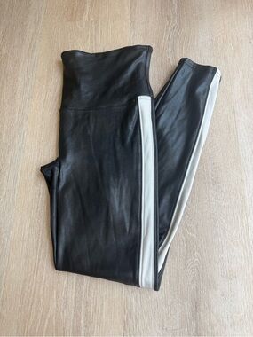 SPANX Black Faux Leather Leggings with side stripe